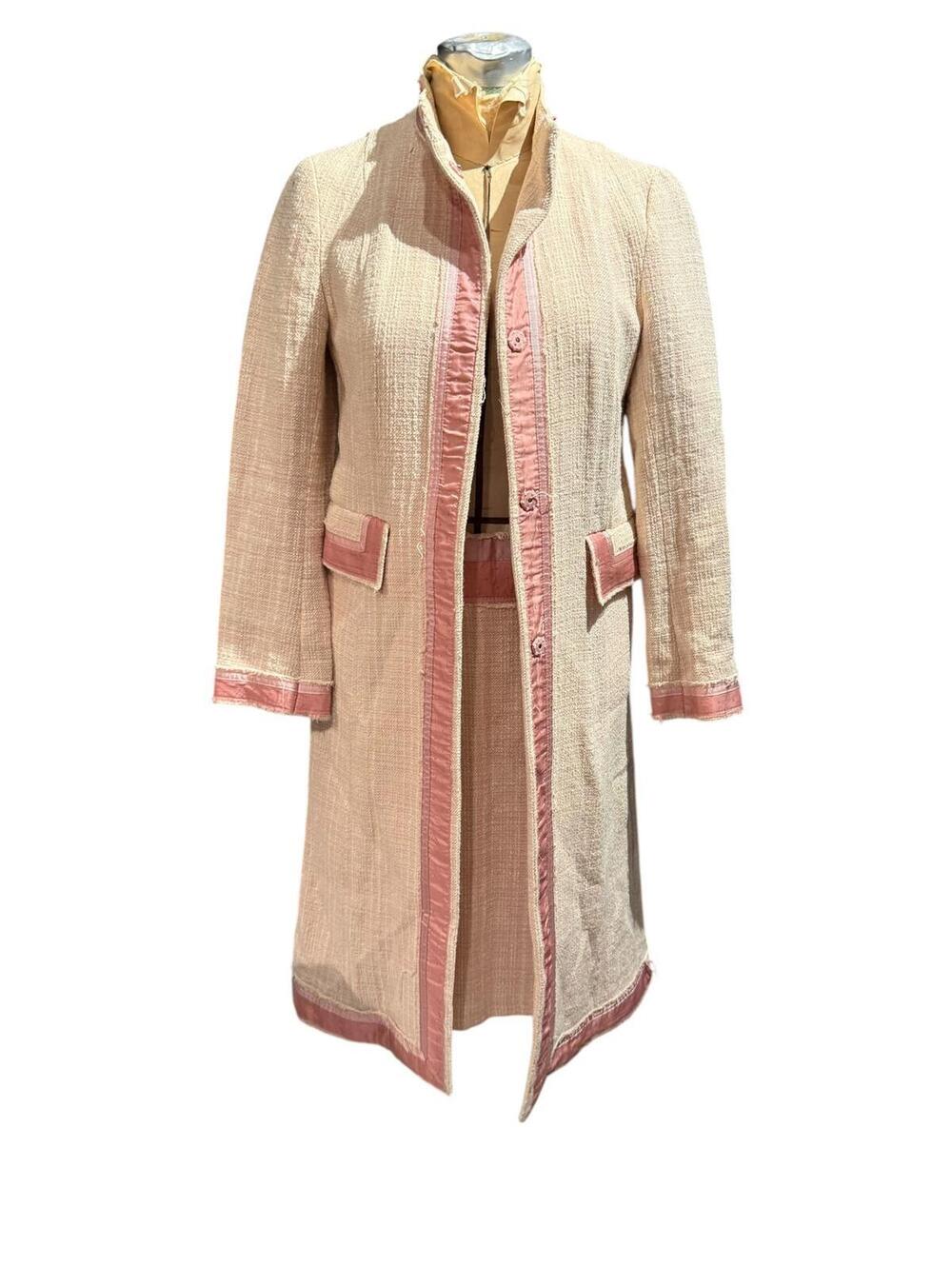 Zara Long Pink Textured Coat and Skirt Set with Trim Details